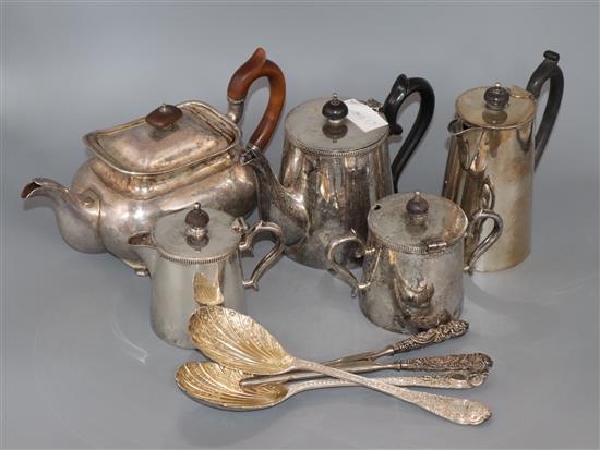Five plated pots and a pair of plated serving spoons, glove shield